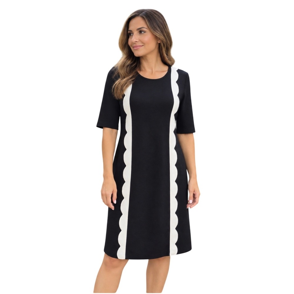 Ann Taylor Petite Black White Scalloped Trim Short Sleeve Sweater Dress Small